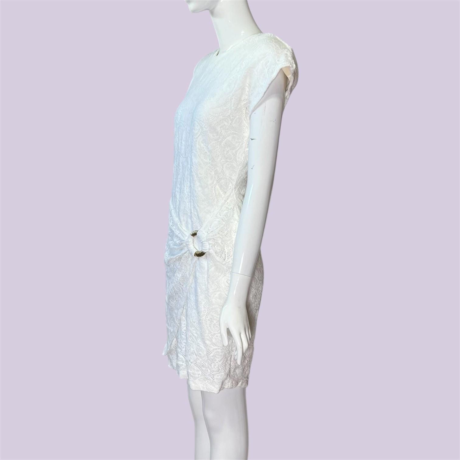 Vintage 80s White Paisley Lace Cocktail Mini Dress Chic Padded Shoulder Sz 9/10