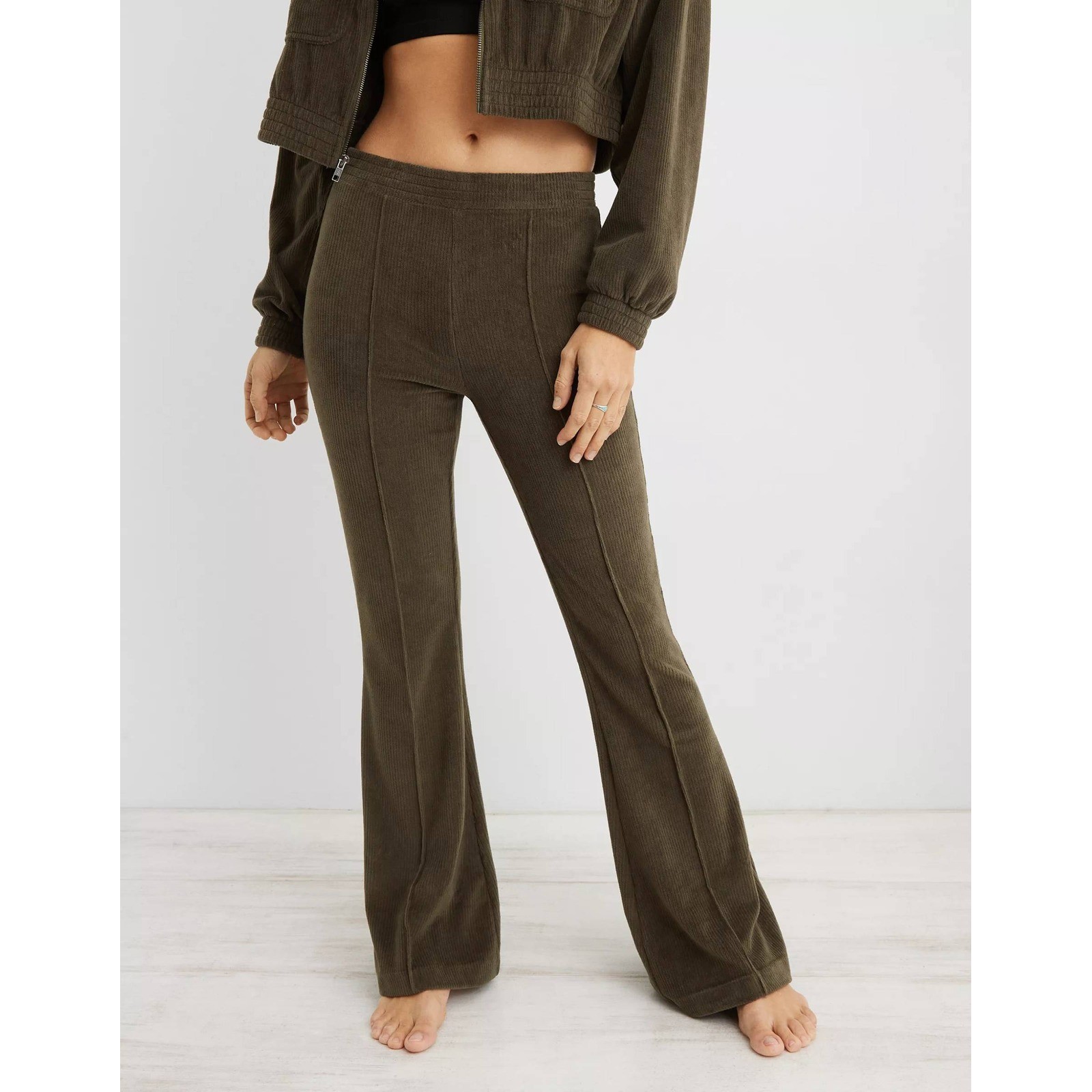 Aerie Rib Velour Flare Pants XL Olive Green Pull-On Stretch Retro Boho Groovy