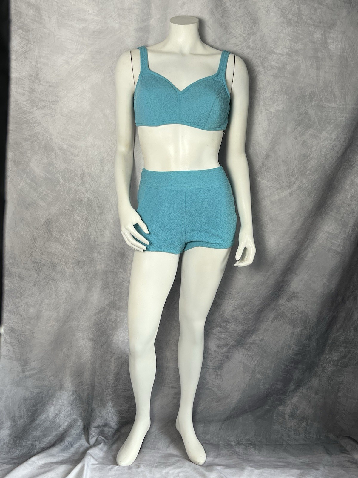 Vintage JANTZEN 2-Piece Turquoise Blue Floral Textured Swimsuit Bathing Suit 18