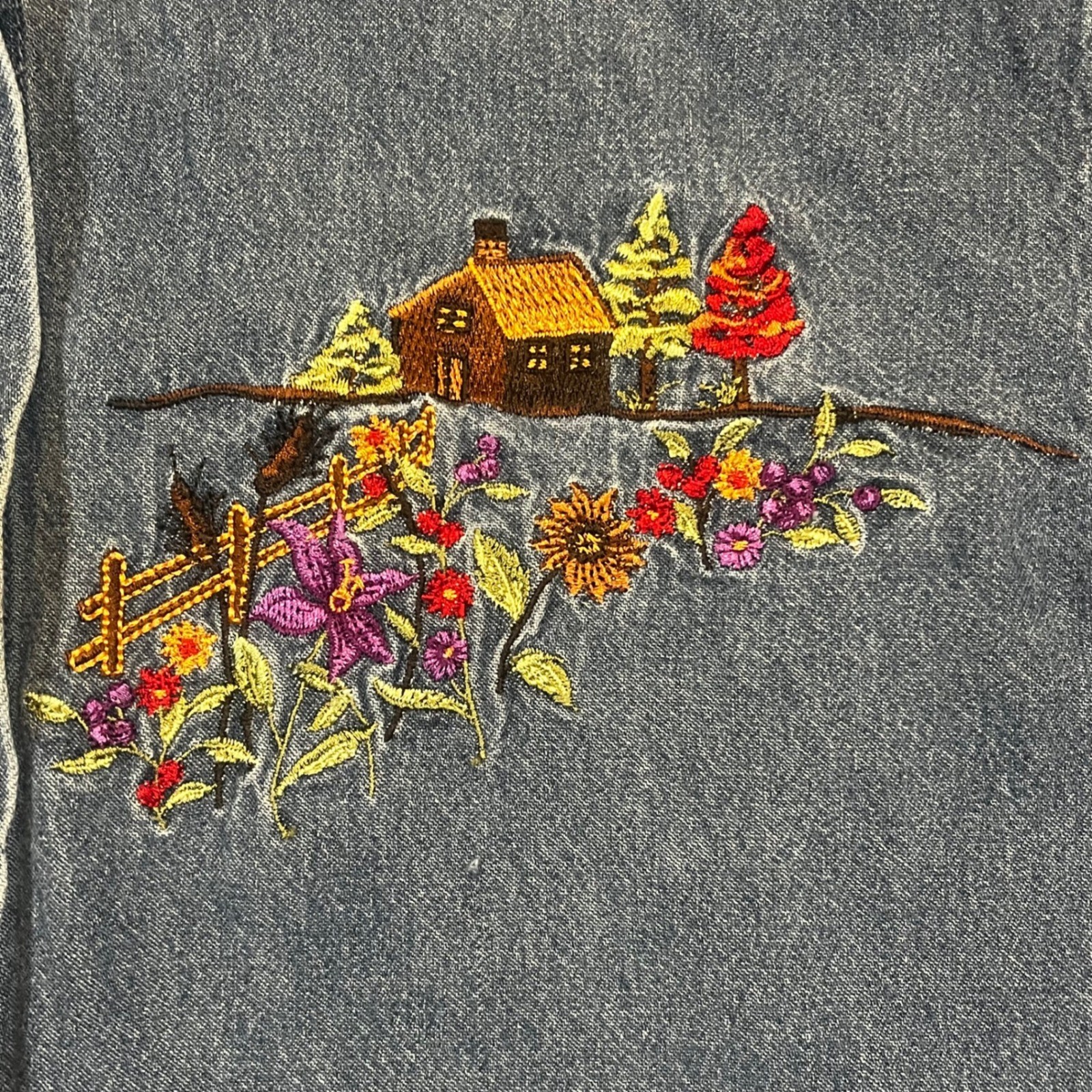 Vintage Victoria Jones Denim Shirt Womens S Embroidered Cabin Corduroy Collar