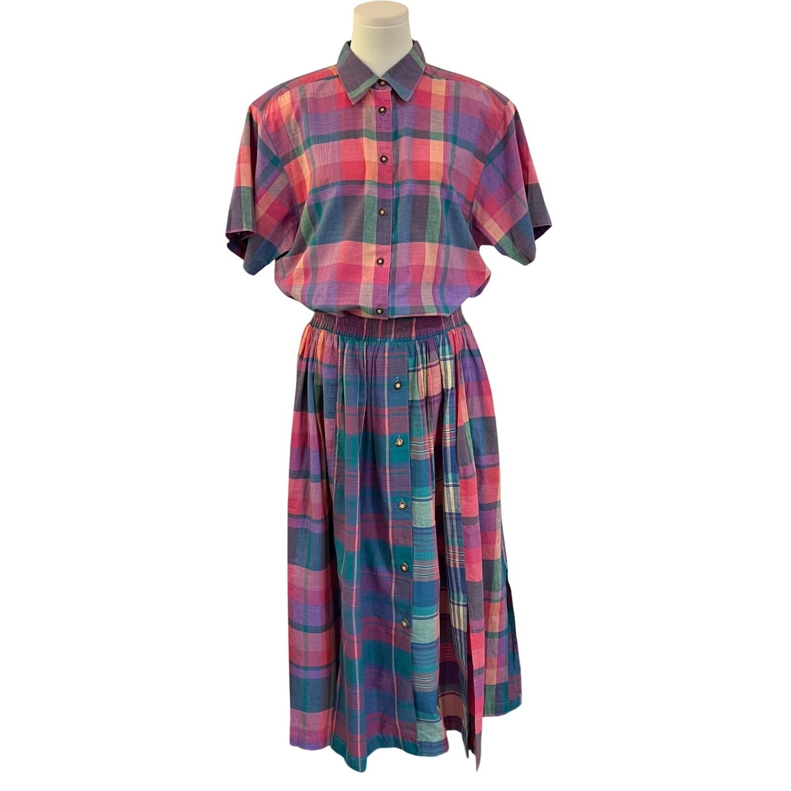 Vintage David Brooks Plaid Two Piece Skirt Set Pink Purple Cotton Preppy 90s 14