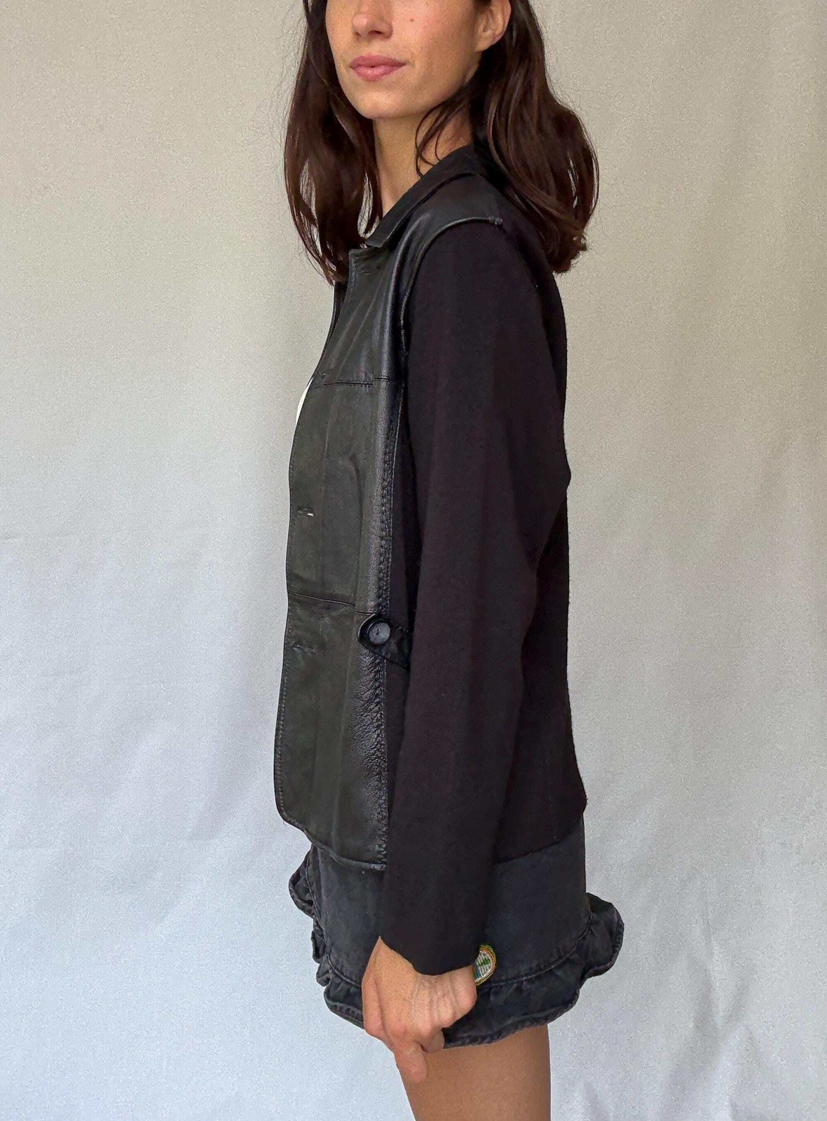 Luxury black leather and wool blend jacket, vintage minimalist style