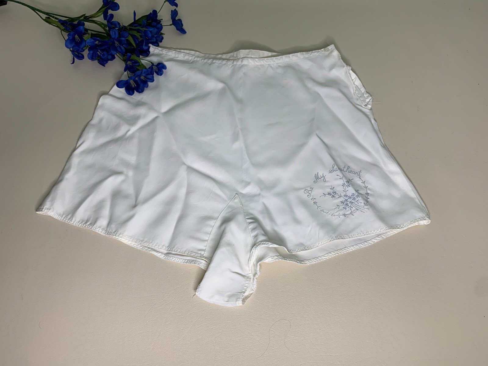 Vintage 1930s Silky White Satin Rayon Embroidered Step Ins Side Button Tap Pants