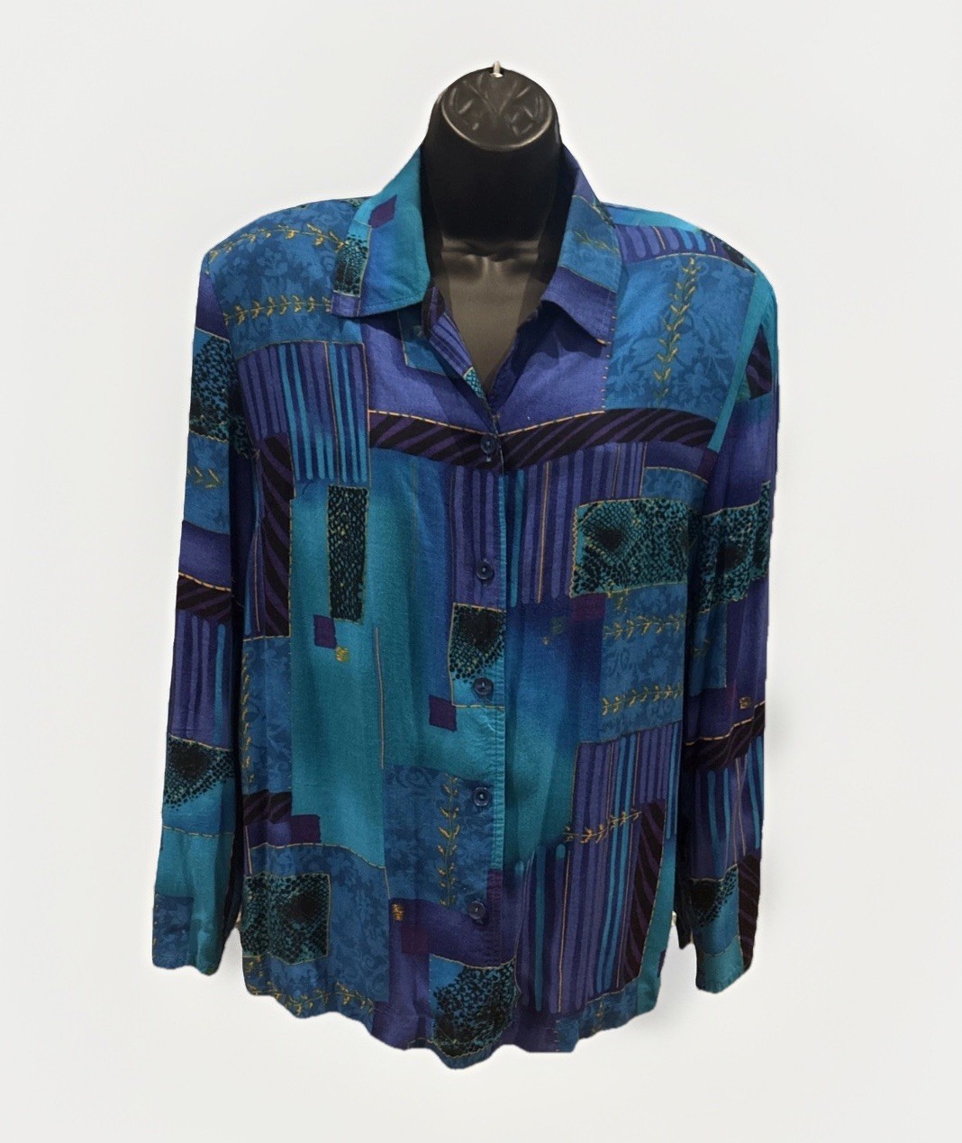 Vintage Blair Boutique Button Down Blouse 1980’s Blue Geometric Shoulder Pads A1