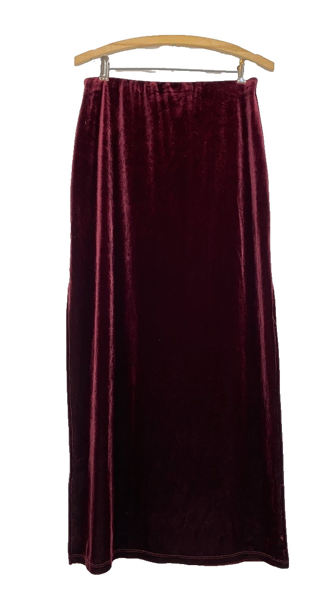 Vintage 1990s burgundy velvet maxi skirt L pull on stretch slits red purple
