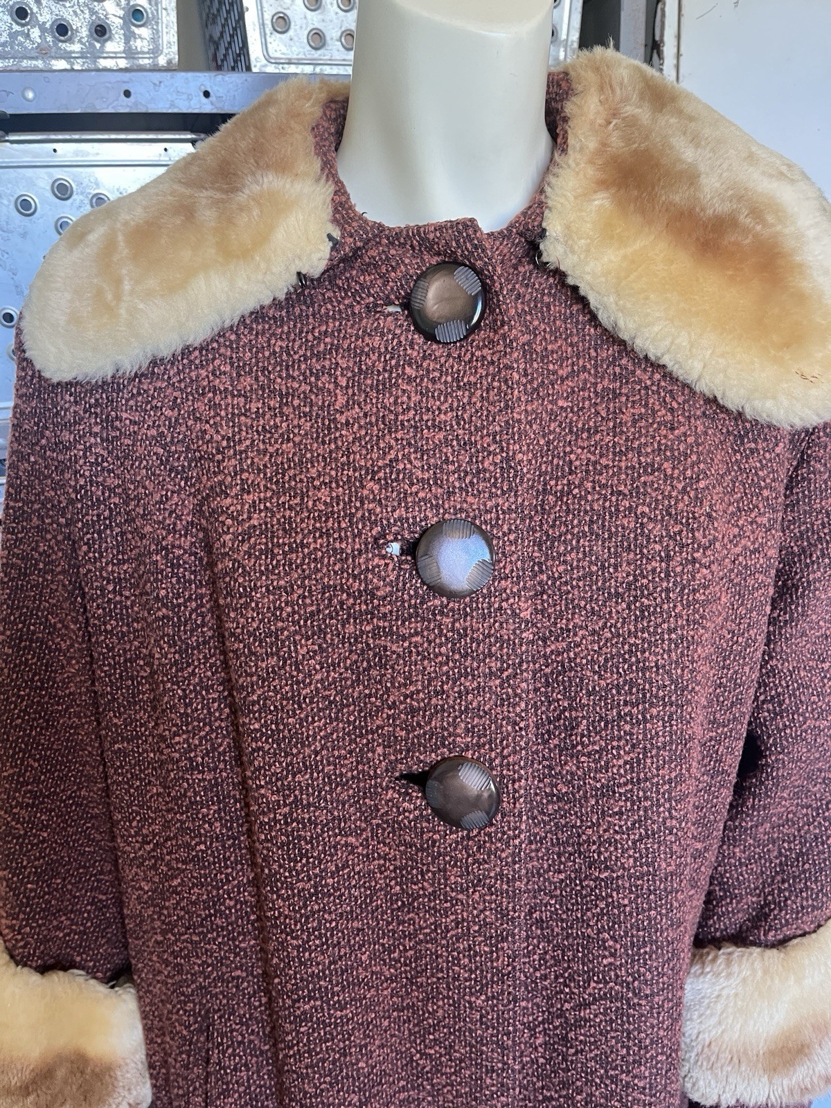 Womens Vintage 1960s Swing / MCM Shearling / Brown Wool Tweed Coat Sz M/L
