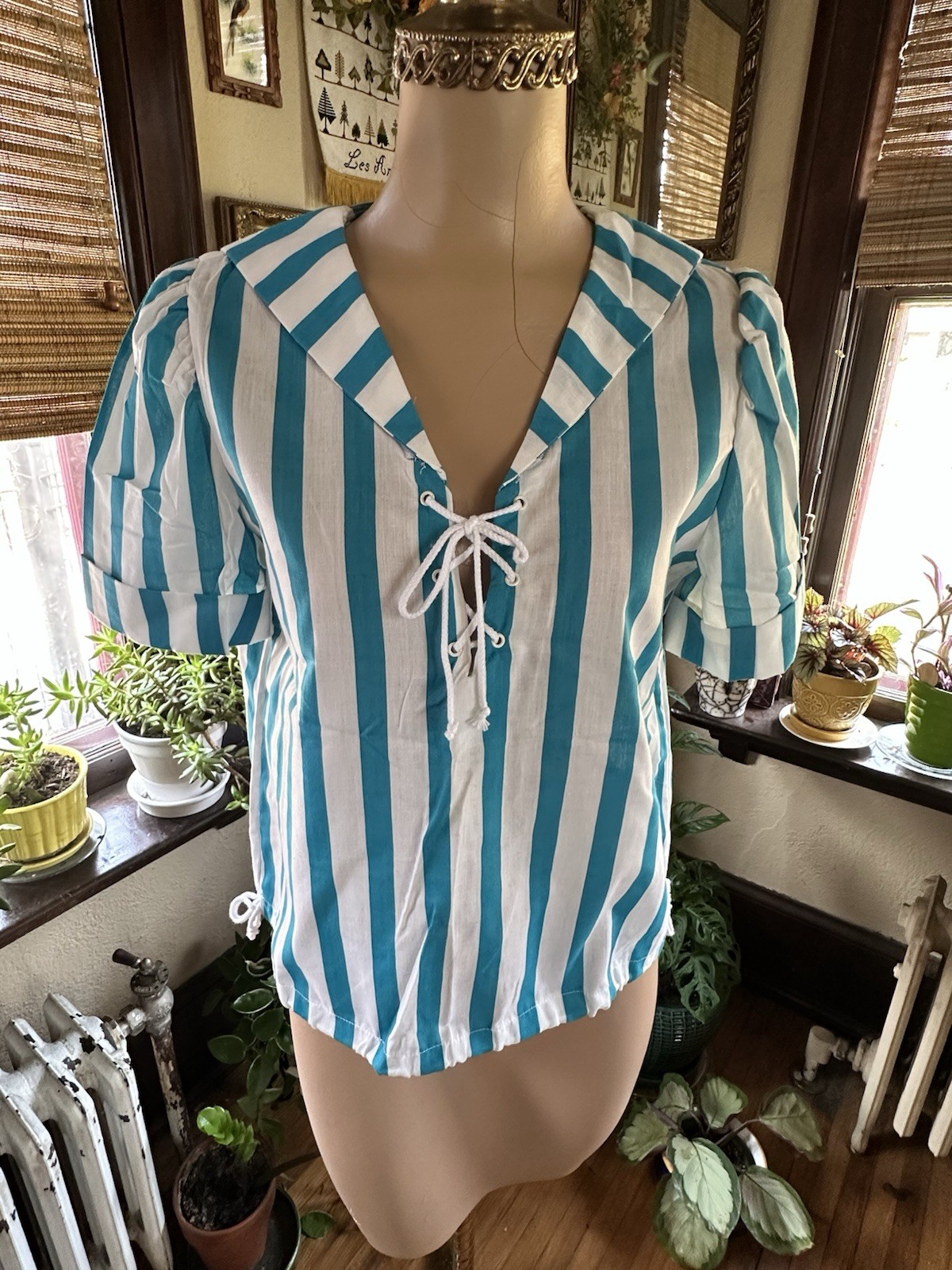You Babe Vintage 80’s Striped Sailors Top Women’s Large Cropped with Ties NWOT