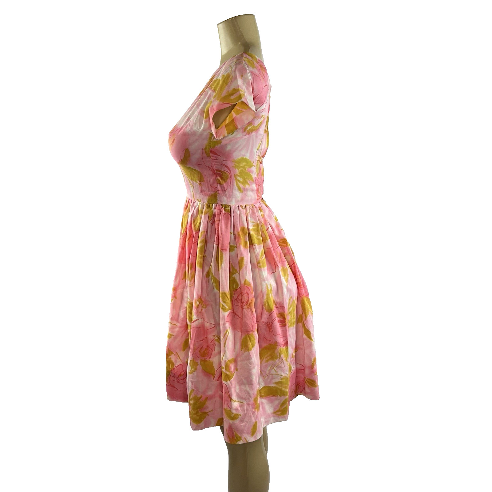1950s Dress Vintage Pink Floral Rose Print Full Skirt A Line Retro Rockabilly