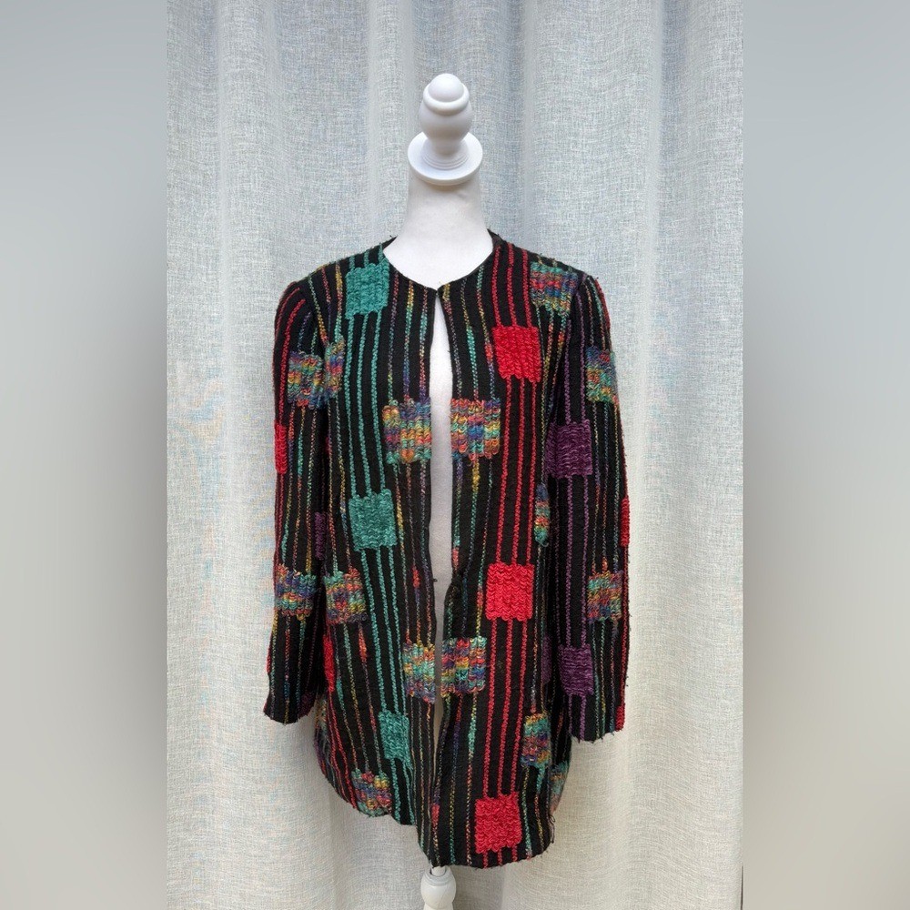 Vintage knitted multicolor patchwork black red green cardigan jacket