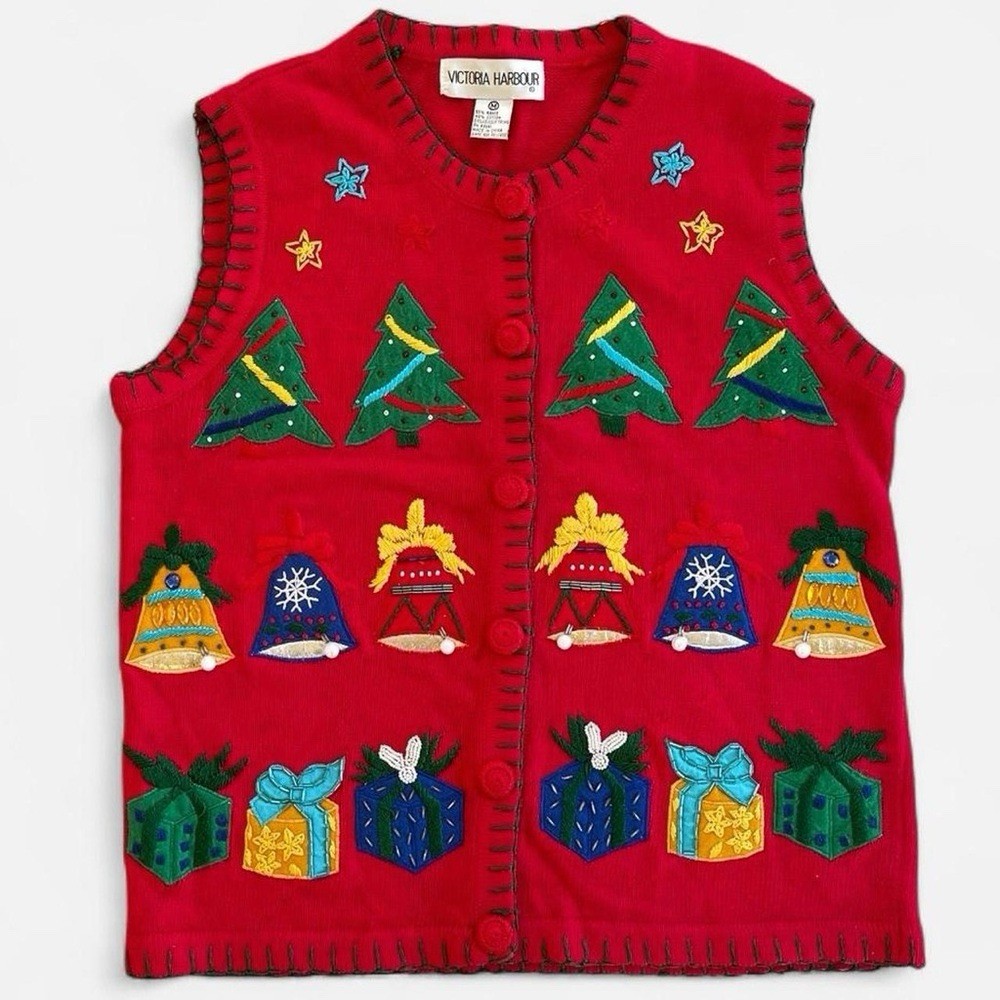 Vintage Victoria Harbour Red Knit Embroidered Christmas Bells Trees Sweater Vest