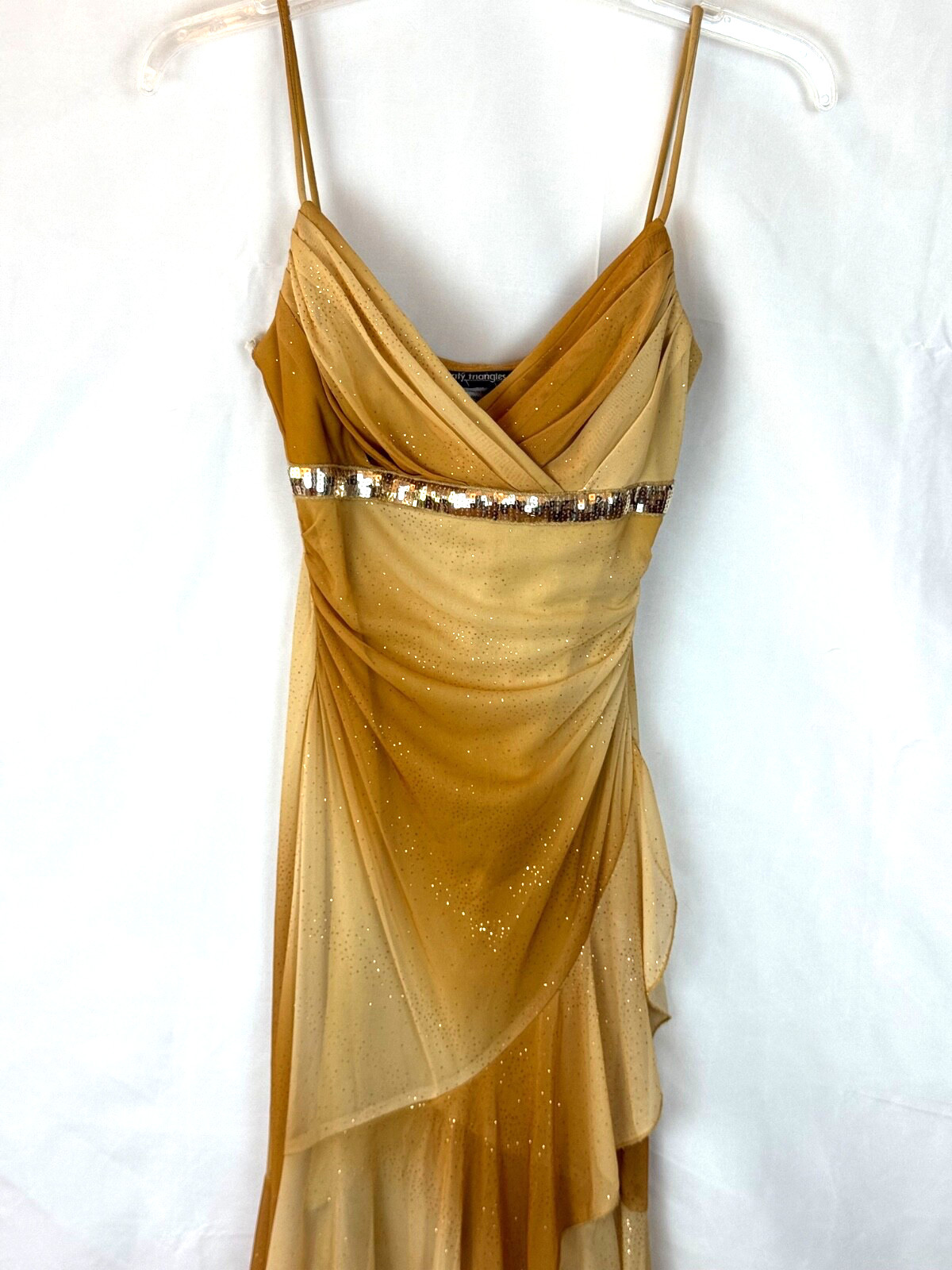 City Triangles-wm sz M vtg 82 disco style dress cascade ruffles brown gold ombre