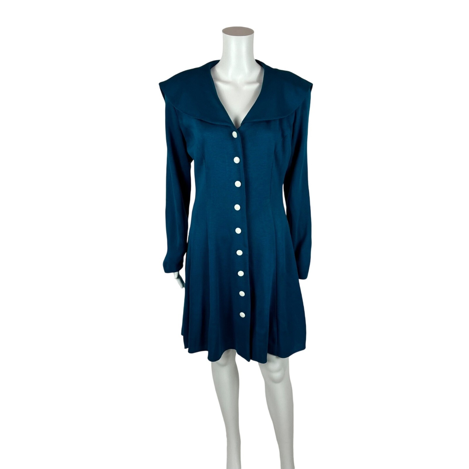 Vintage 80s Sailor Dress Women’s Large Dark Turquoise Large Collar Button Down