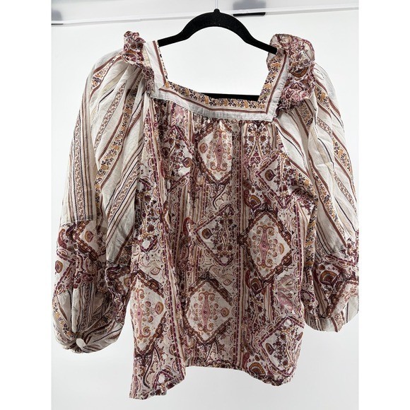EST 1946, Boho Peasant Top Cotton Cream Brown Cottagecore Long Sleeve Hippie