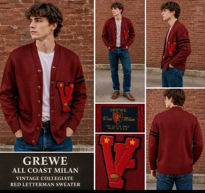 Grewe all coast Milan Vintage Collegiate RED Letterman Sweater FITS M „VH” #E