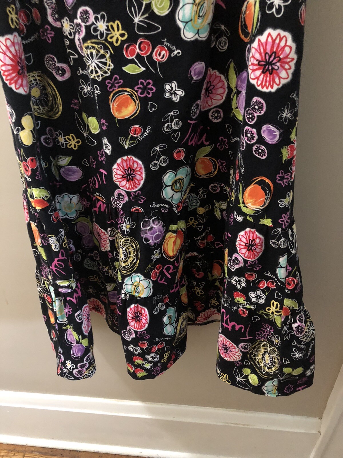 Karin Stevens Black Tiered Sundress Size 10 Colorful Fruit Cherry Smocking Fun