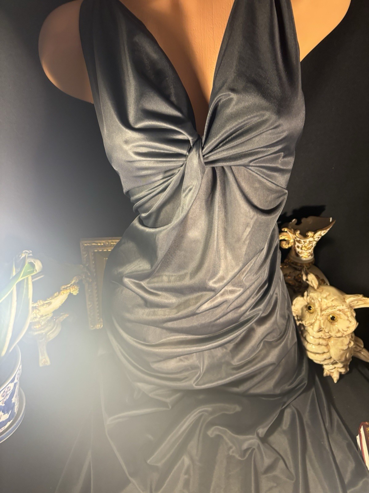 Vtg Silky Jet Black Wrap Bodice Frosted Shiny Long Gown Negligee Nightgown S