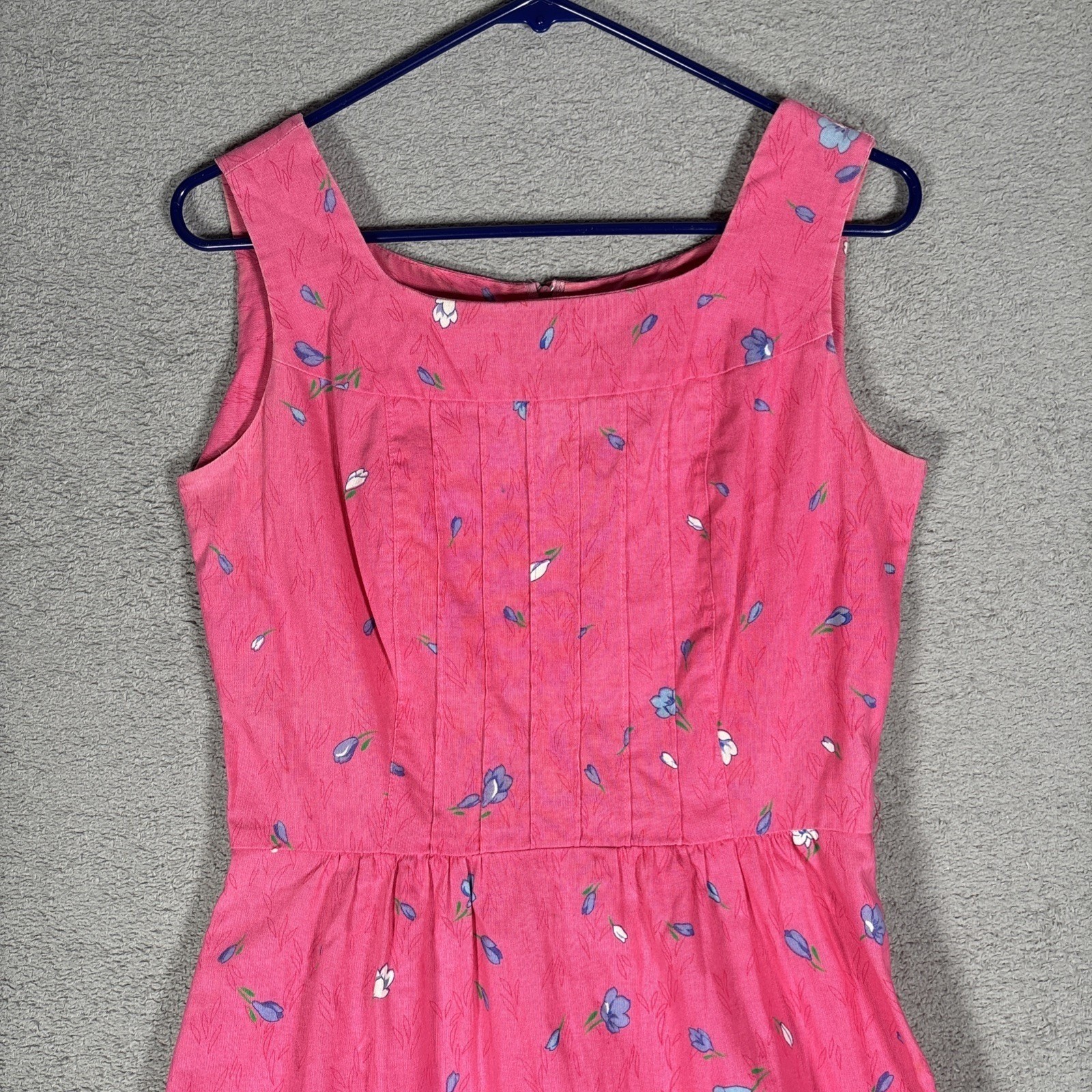 Malia Vintage Pink Floral Cotton Sleeveless Fit Flare Midi Dress Pintuck Bodice