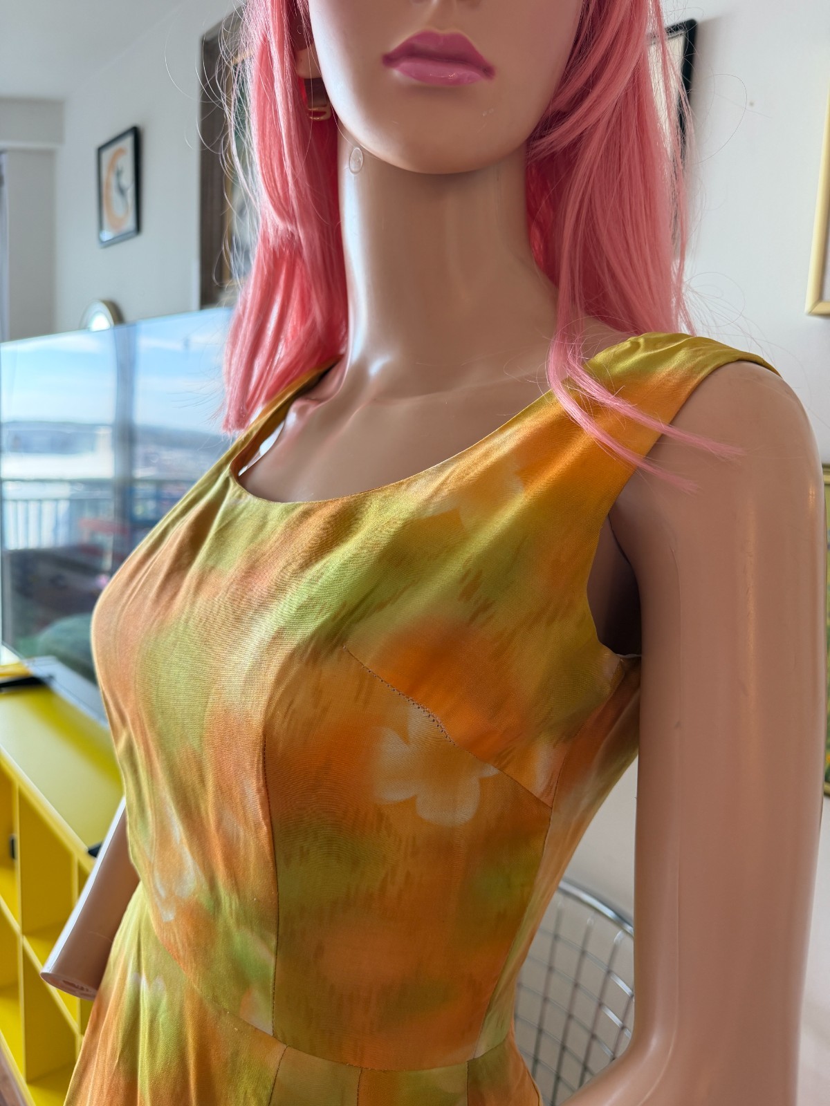 🍊 Vtg 50s Silk Citrus Atomic Floral Side Pleat Structure Cocktail Dress M