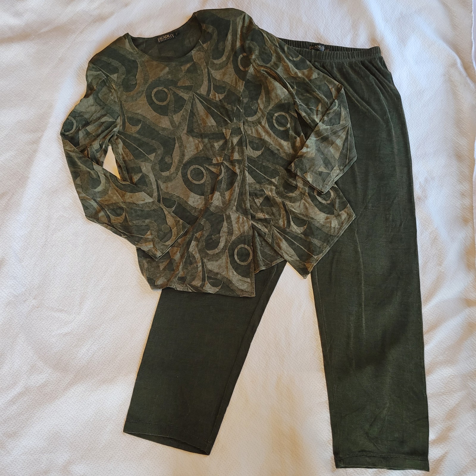 PICADILLY Fashions Shirt & Pant Set Sz M Vintage 80s Moss Green Slinky