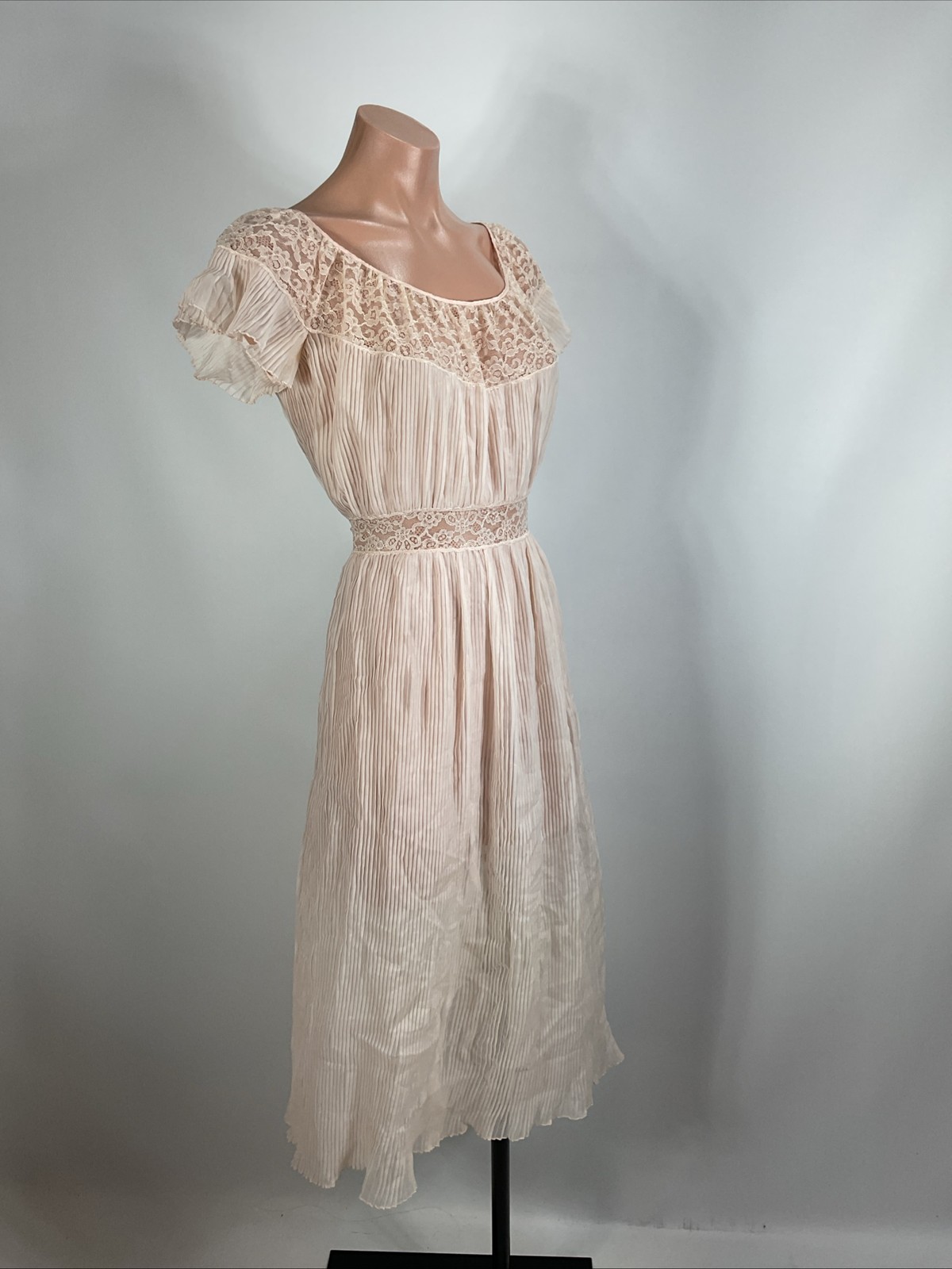 Vintage 40s Pink Crepe Slip Dress Ribbed Lace Gown Cap Sleeve PLUS 18 Bon Claire