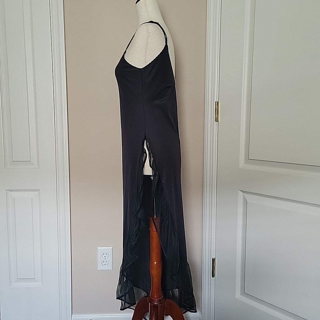Vtg Lady Cameo Black Ruffle Slip Maxi Dress S Open Slit Lingerie 80s 90s Sheer