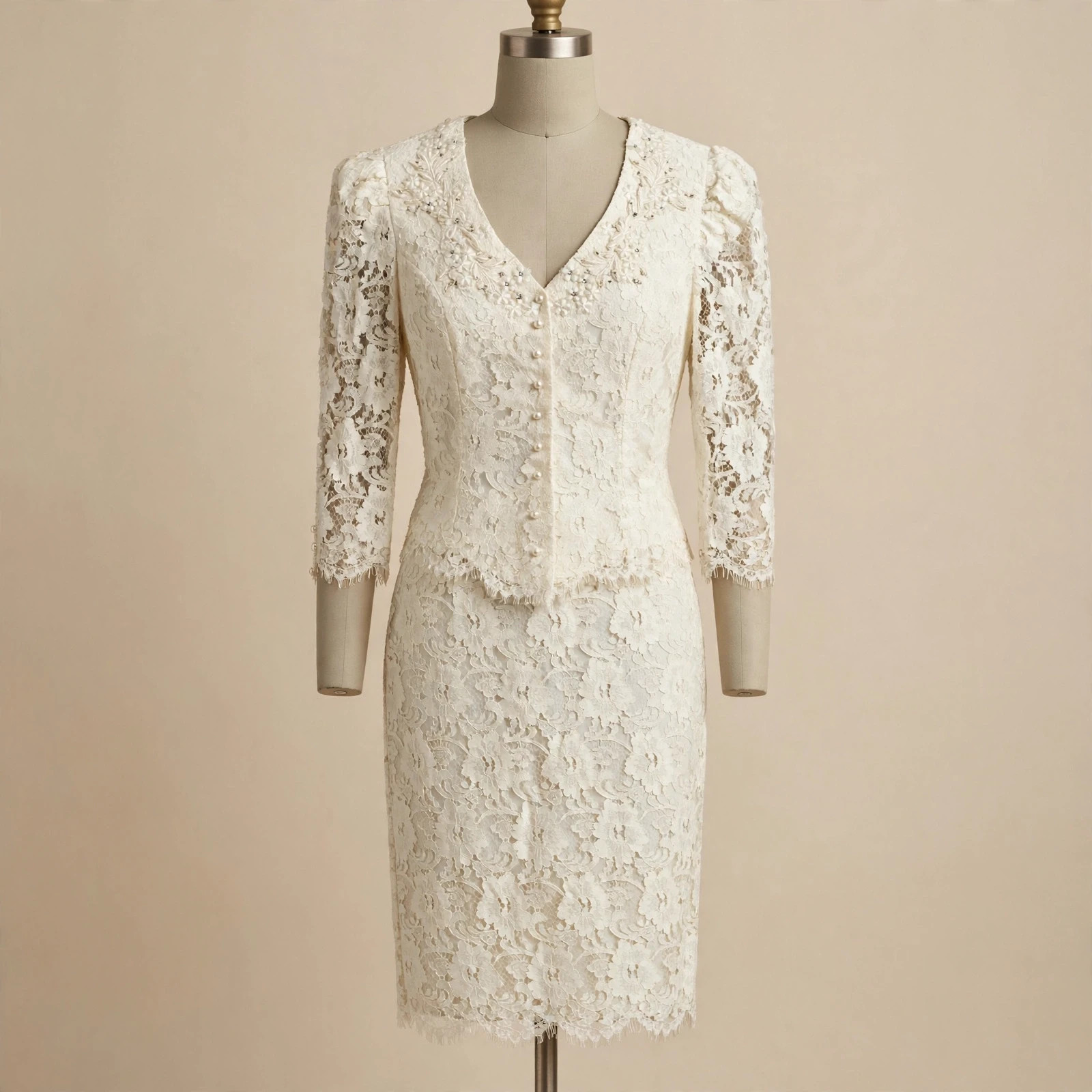 Vintage 80s Cachet by Bari Protas Ivory Lace Skirt Suit with Beading