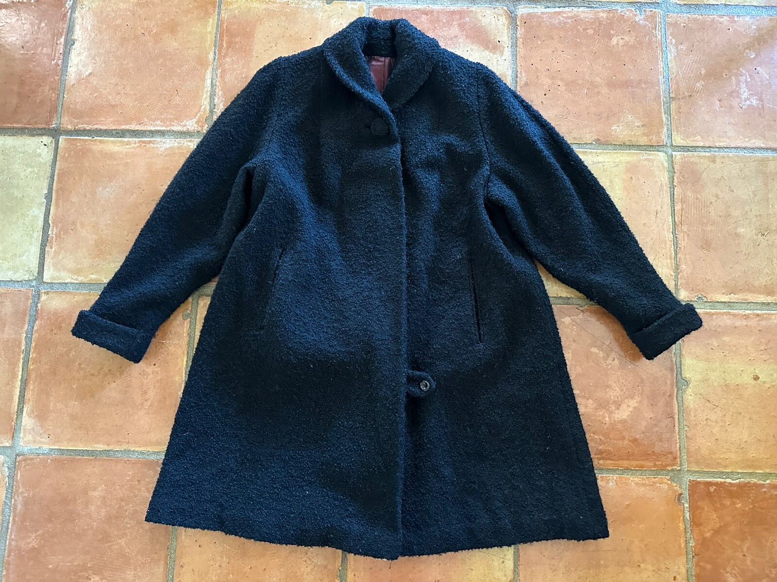 1940s Boucle Wool Swing Coat Holiday Shawl Collar Jacket Rhinestone Cuff 50s VTG