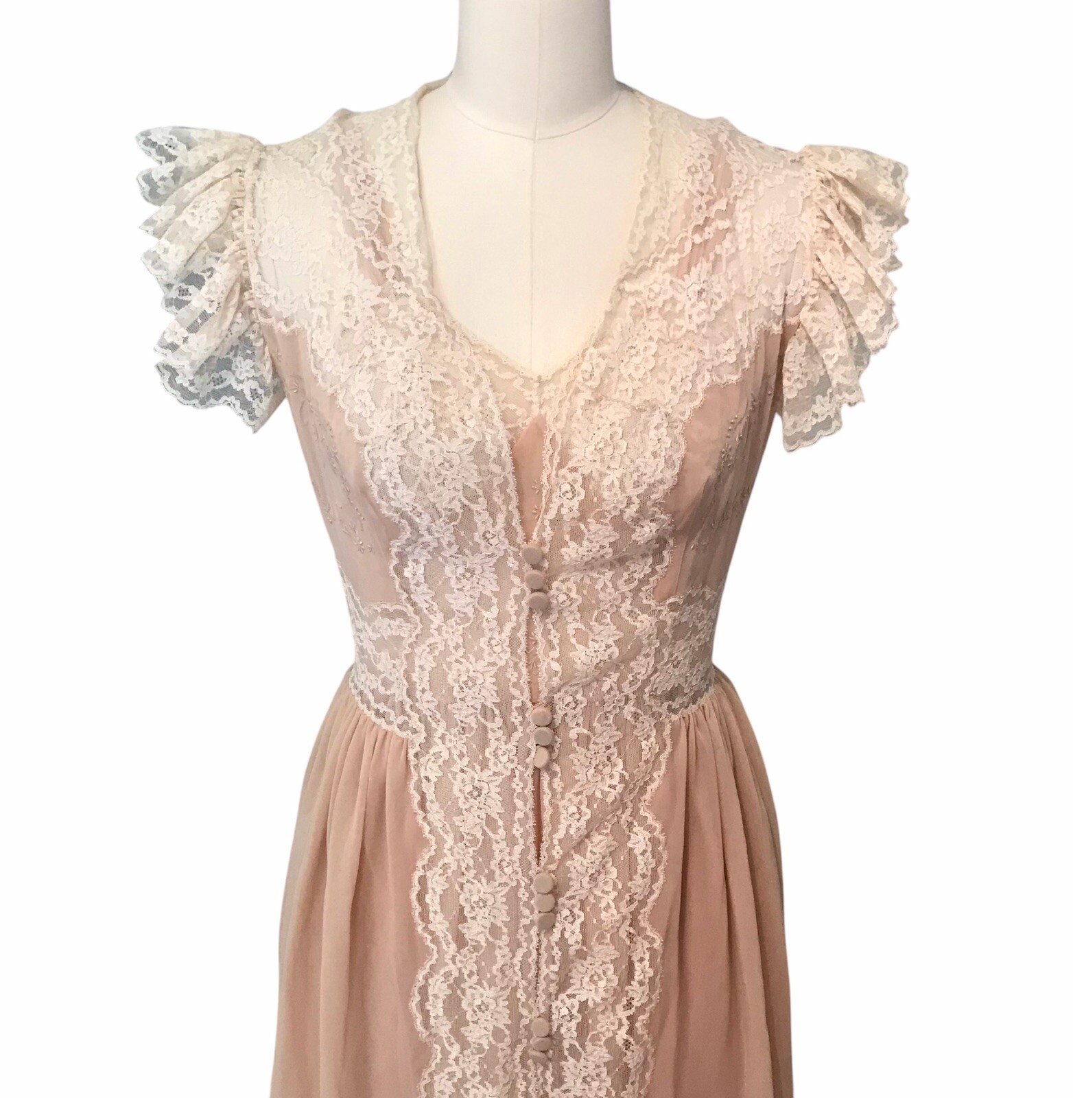 VTG Chiffon Babydoll Peignoir Set Sheer Lace Ruffle Romantic Victorian Women’s S