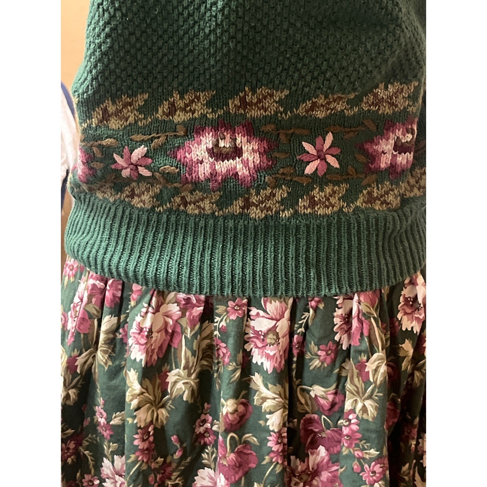 Herman Geist Vintage Hand Embroidered Sweater and Floral Maxi Skirt Set Green M