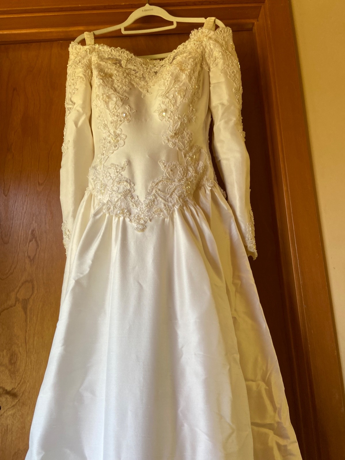 Vintage Wedding Dress 1990’s Satin, beaded with lace, size 6, with train.