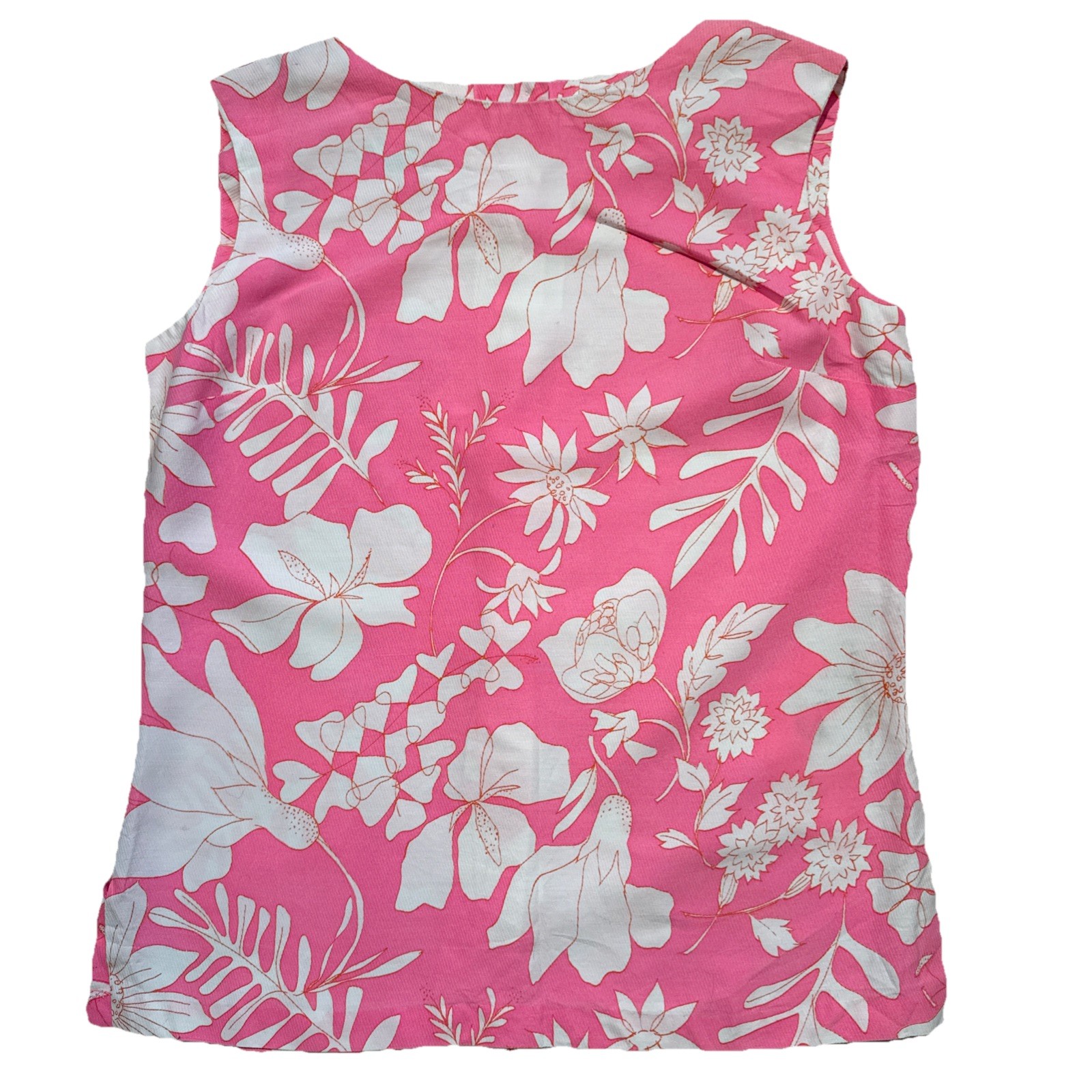 Vintage 1960’s Shell Tank Blouse Hawaiian Print Fabric Back Buttons Union Made M