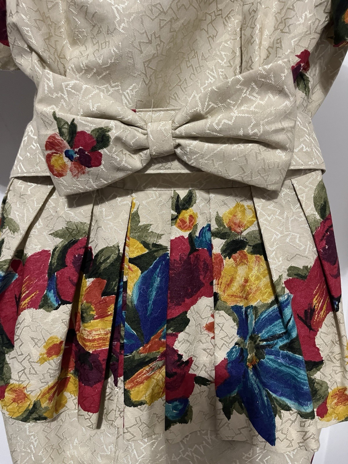 Antara Vintage Made in USA 80s Floral Peplum Dress Beige Multi-Color 9/10