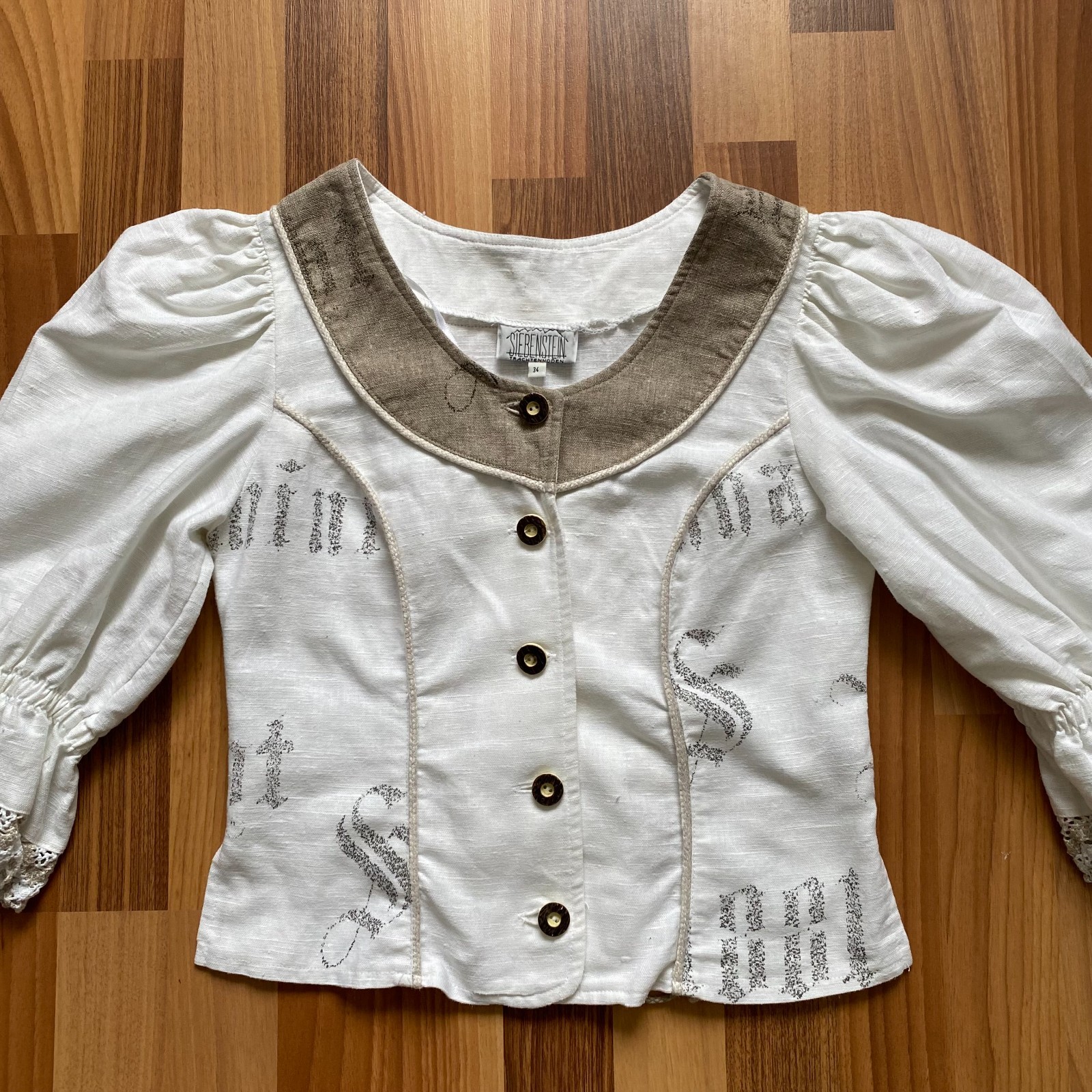 Vintage German Linen Puff Sleeves Blouse Button Front Corset Cottagecore Folk 34
