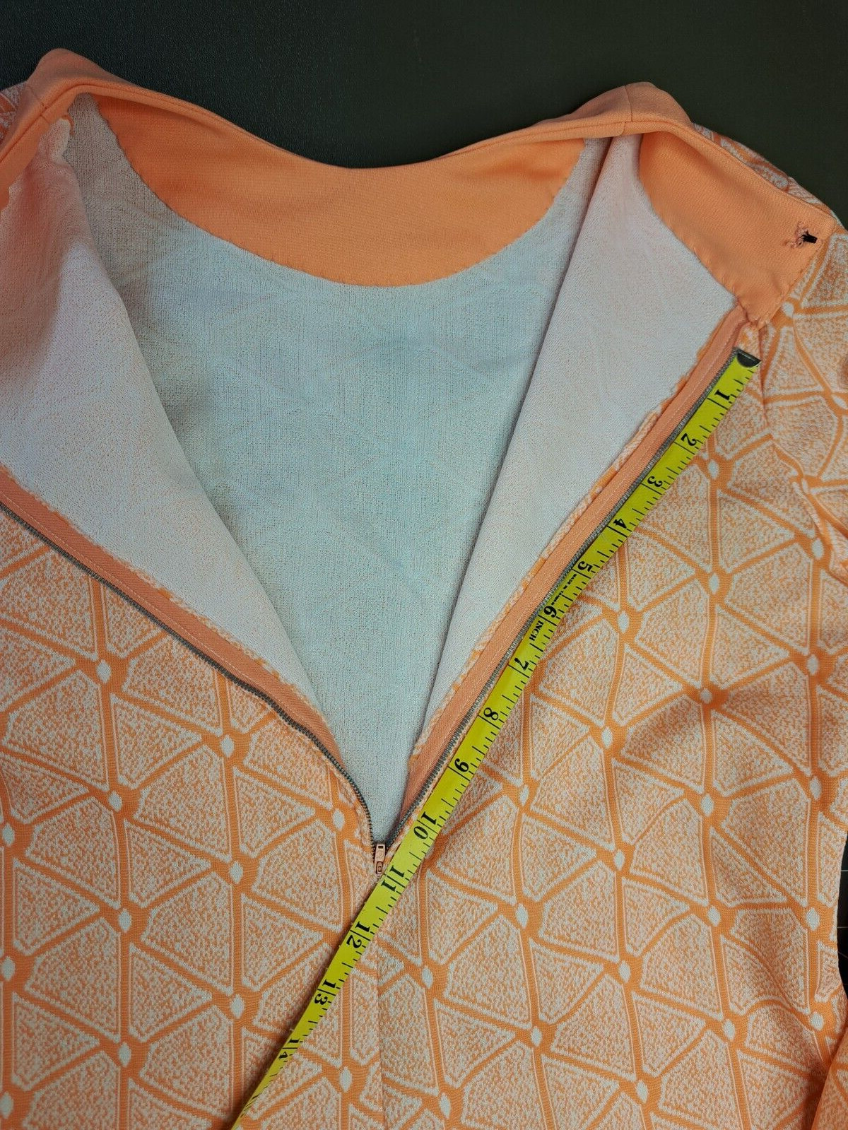 70s Handmade Shift Dress Orange White Double-knit Long Sleeve Back Zip 12