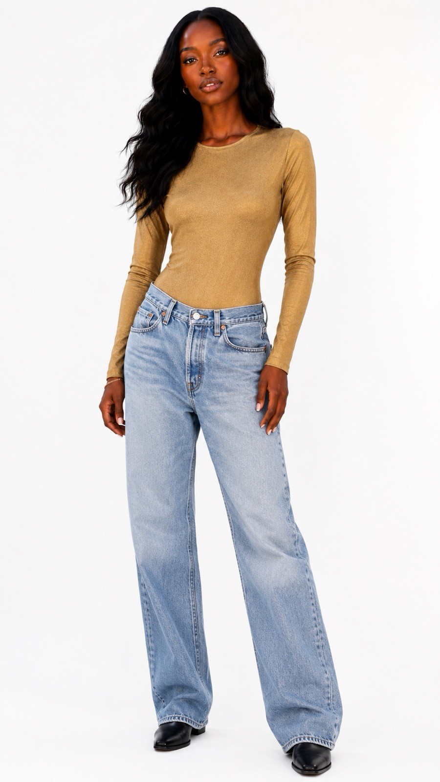 Medium 1990s Bodysuit Donna Karan Designer Long Sleeve Gold Sheen