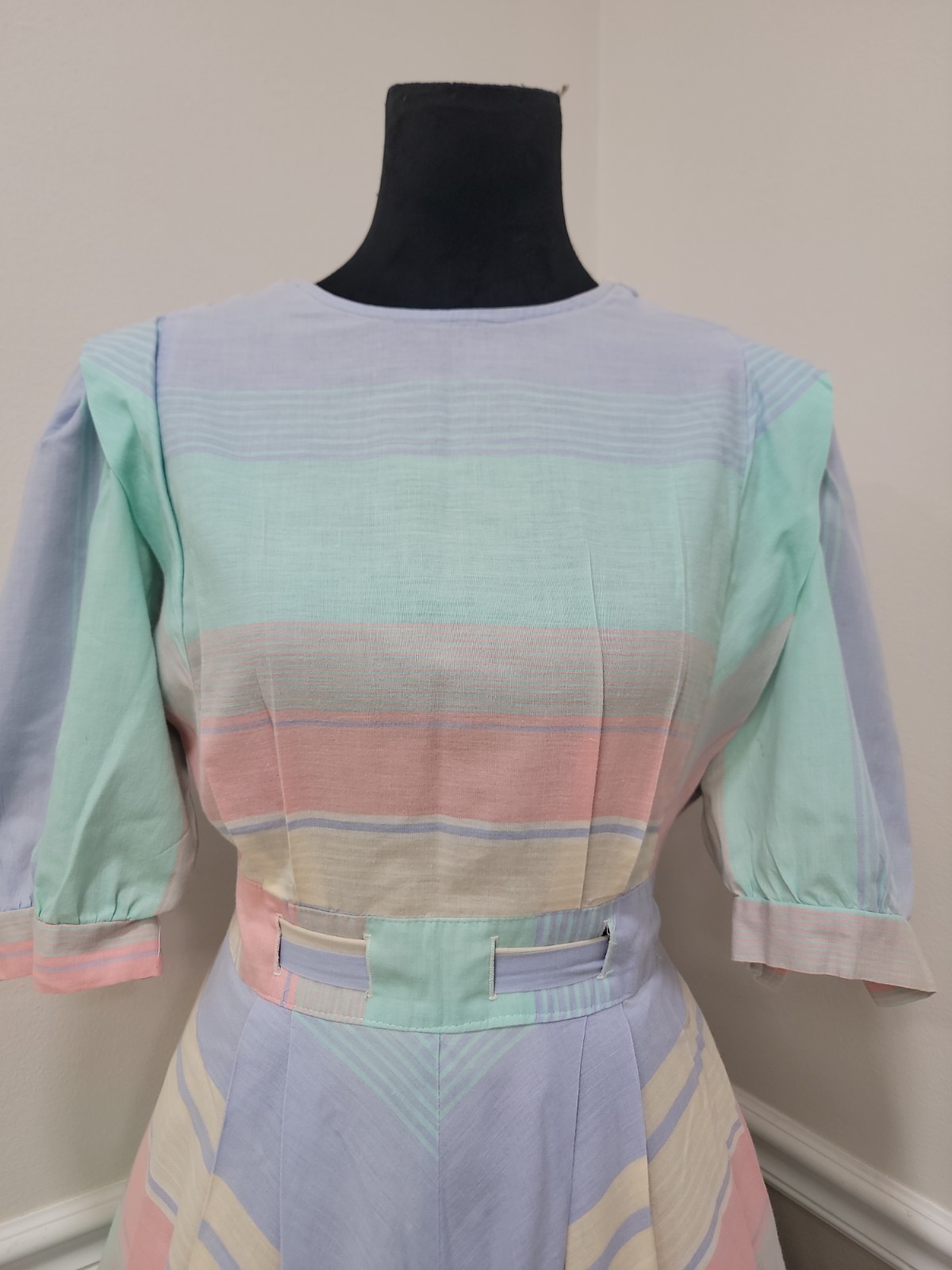 VTG 80s Pastel Stripe Fit & Flare Midi Dress Belted Cottagecore Prairie Secretar