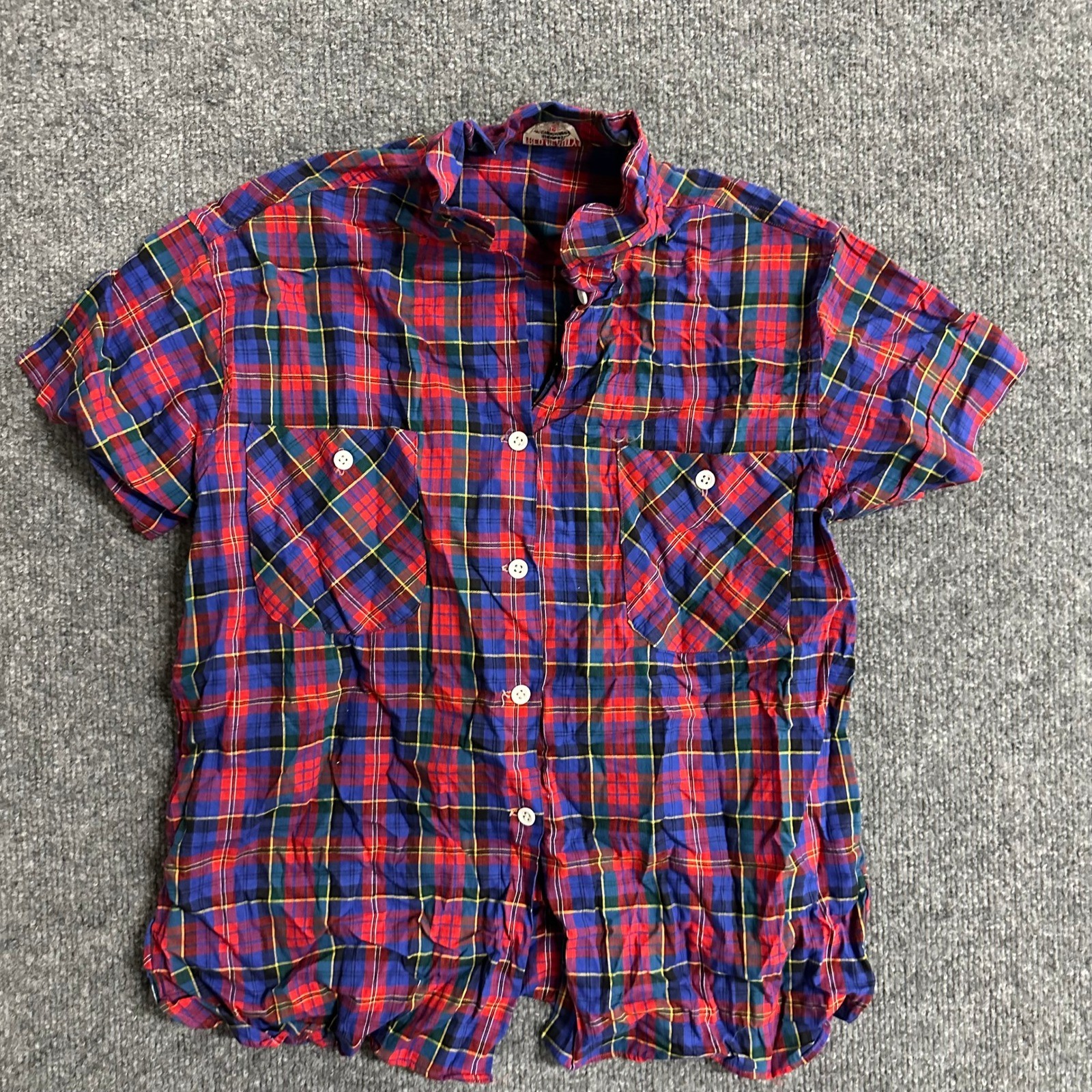 Red Beauty Plaid Shirt Womens Size 34 Multicolor Vintage Short Sleeve Button Up