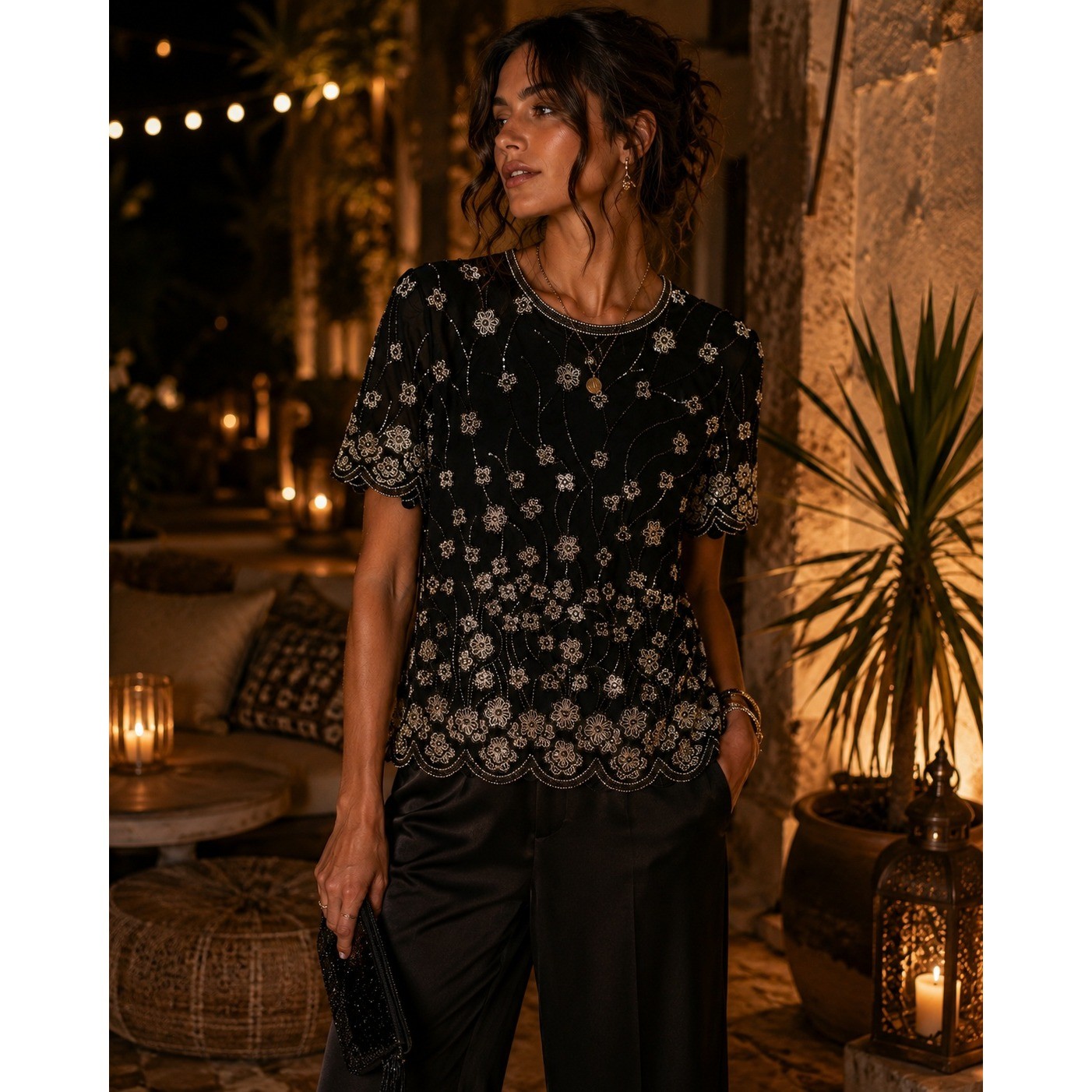 Papell Boutique Evening 100% Silk Beaded Floral Top Petite Small Black