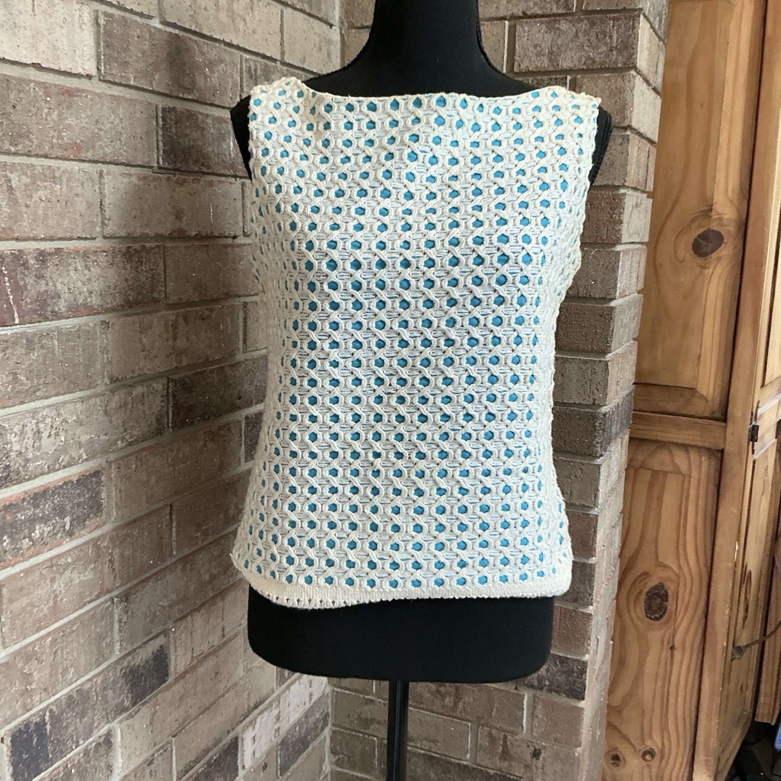 60s VTG Sally Gee Creation Cream Teal Woven Ribbon Fringe Tank Top Sz S USA 21D8