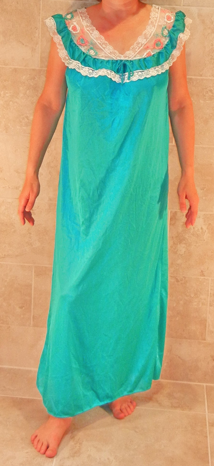 NATALIE CREATIONS DREAMY LONG NIGHTGOWN BLUE GREEN SHEER SLIPPERY NYLON S M EVC