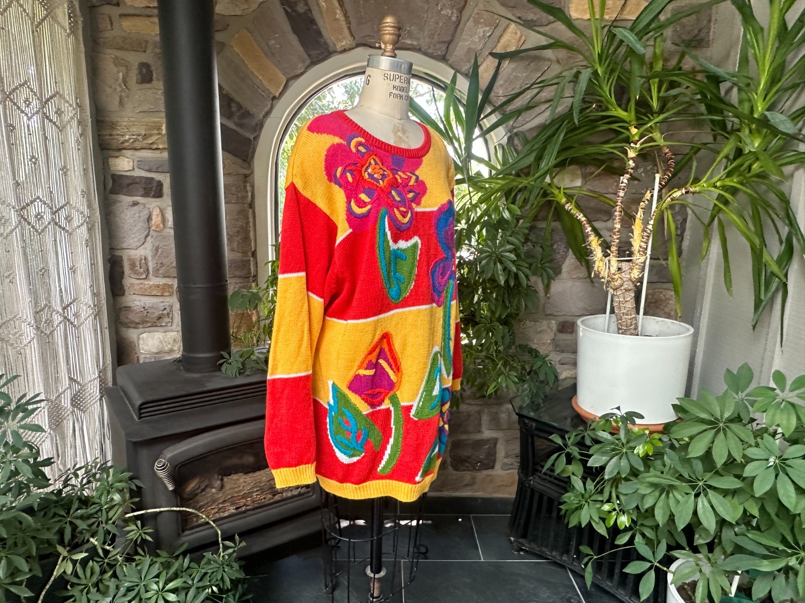 Vintage 1980s I B Diffusion Color Block Embroidered Ramie and Cotton Sweater