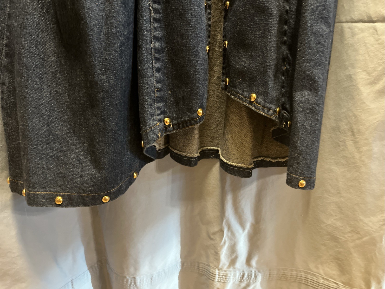 RARE Vintage 80s Charle Casuals Beaded Tapestry Gold Denim DUSTER BOHO See Pix