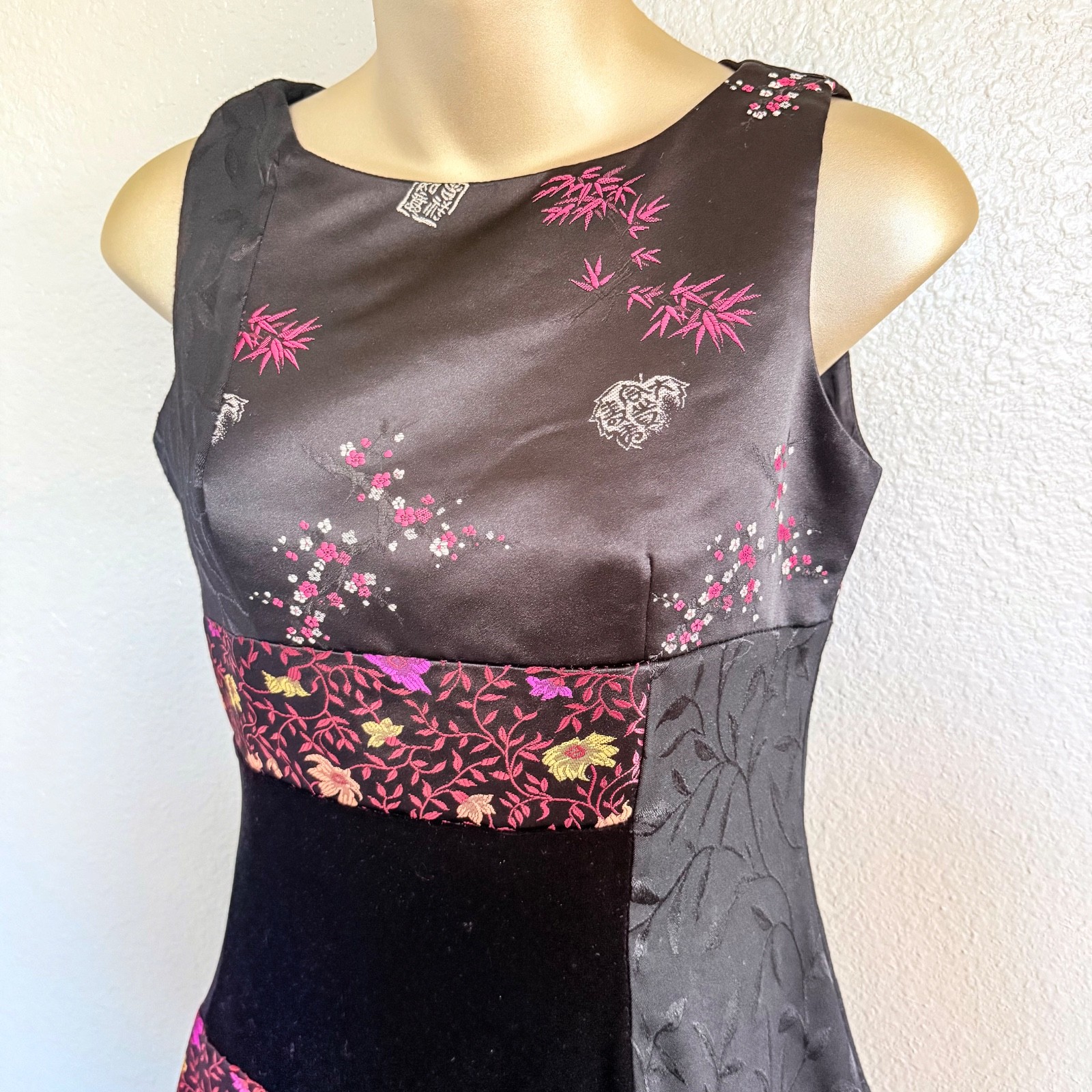 VTG 90s Asian Whimsigoth Patchwork Floral Brocade & Velvet Sheath Dress Size 2P