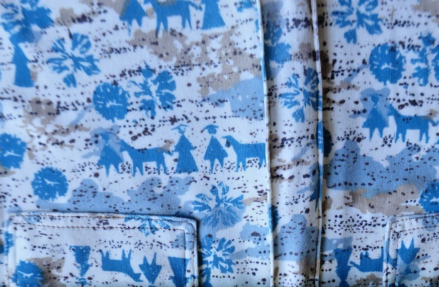 VTG 60s 70s Handmade Novelty Print Shift Dress Blue White Sleeveless Mod Small