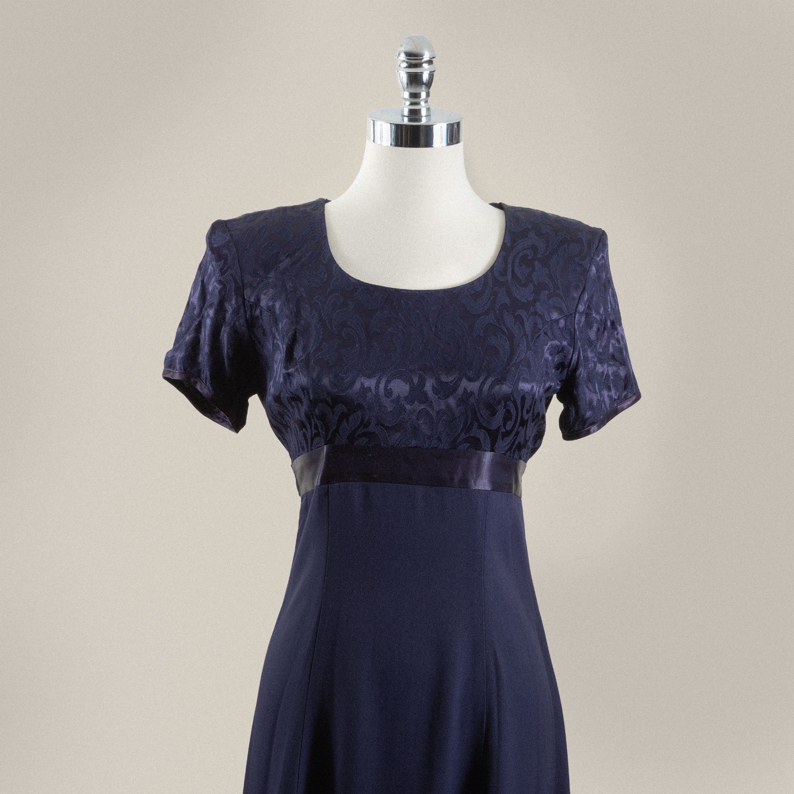 VTG 90s Be Smart Damask Maxi Dress 5/6 Navy Blue Crepe Empire Waist Prom Formal