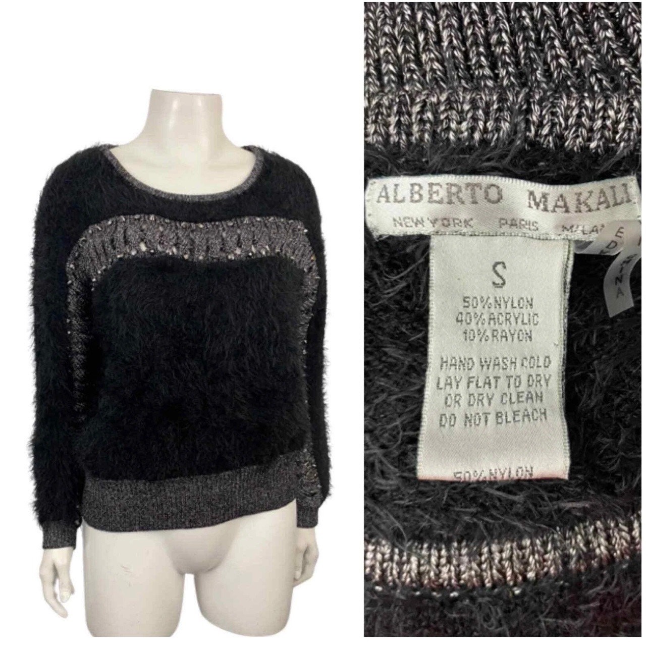 Alberto Makali Fuzzy Sweater S Black Gray Studded Knit Y2K Designer ^