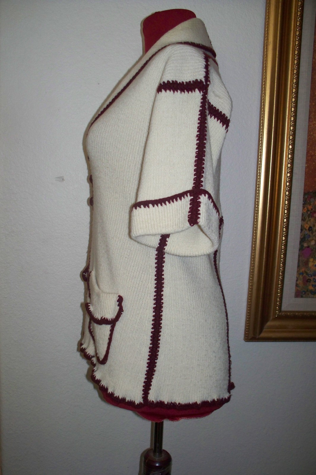 Vintage Hippie Bohemian Knit Burgundy & Off White 2 Tone Women’s Sweater sz L