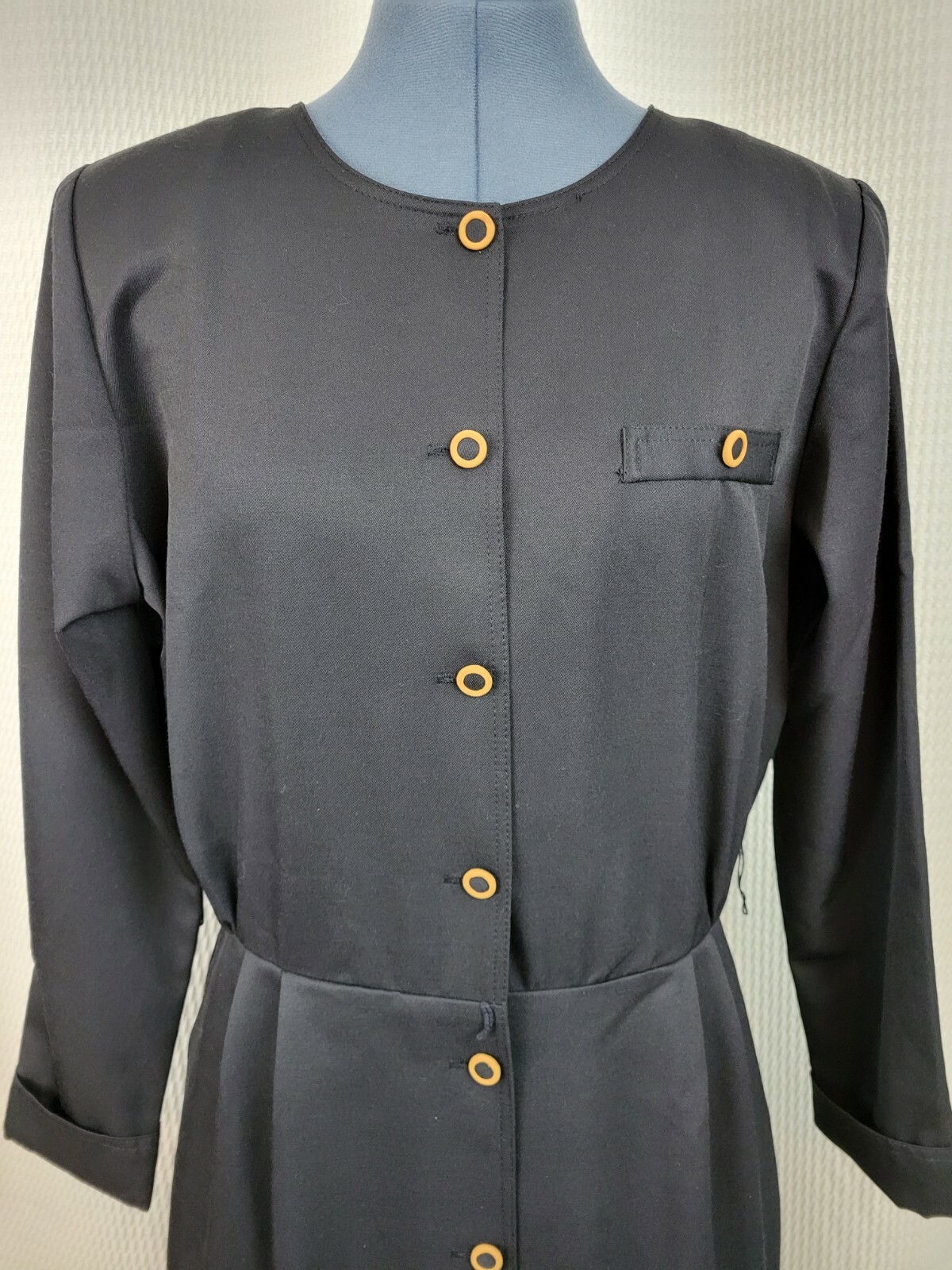 Vintage Sabino Black Dress w Full Button Down in Brown Accent Buttons Size 16