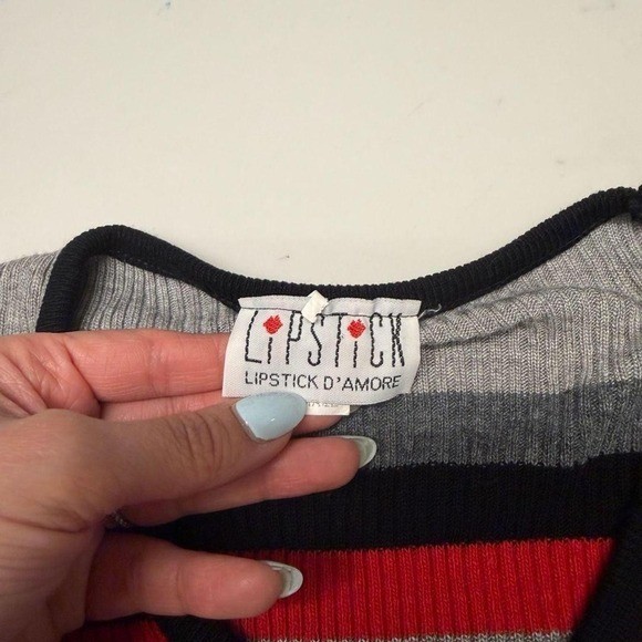 Vintage Lipstick D’Amore Red Grey and Black Striped Ribbed V-Neck Sweater – S