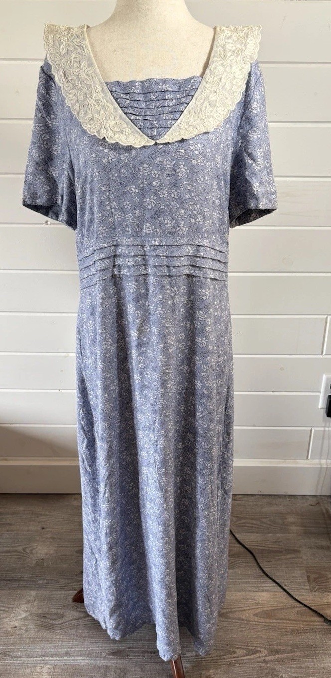 Vintage Sarah Elizabeth Blue Print Lace Pearl Collar Women’s 12 Cottage-core